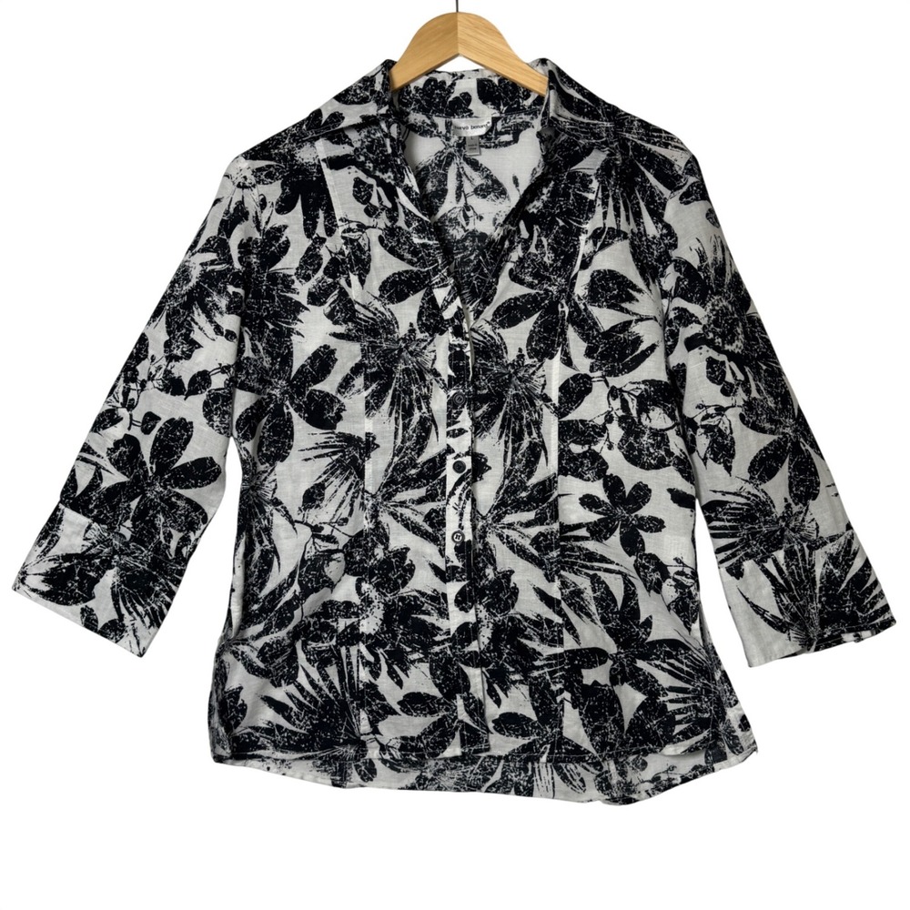 Harve Benard Womens L Linen‎ Blend Floral Button Front Blouse Black White Top